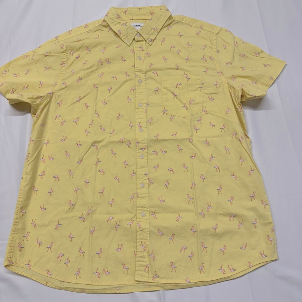 Sonoma Yellow Flamingo Print Men's Casual Button Down Shirt Size‎ XXL 2XL